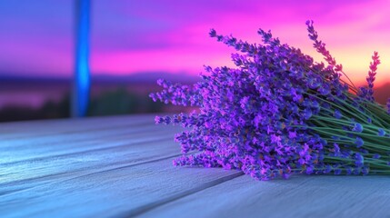 Obraz premium Lavender bouquet rests on a wooden surface, bathed in the soft glow of a vibrant sunset