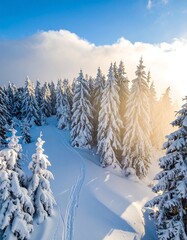 Snowy mountain forest at dawn