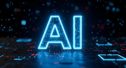 Glowing ai letters on a dark surface with red and blue lights indicating technology and computing power
