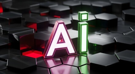 Glowing ai letters standing on a dark hexagonal patterned surface with red and green reflections