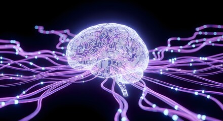 Glowing brain with circuit patterns and purple fiber optic cables on a dark black background art