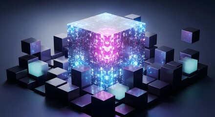 Glowing cube surrounded by smaller cubes in a dark and futuristic abstract arrangement scene