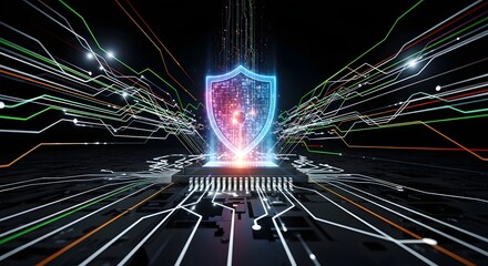 Glowing shield above a chip with colorful data streams representing cybersecurity protection network