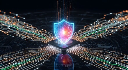 Glowing shield over a microchip with circuit board lines extending outwards in a dark background