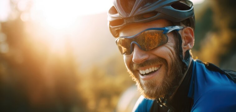 The cyclist smiling in helmet and sunglasses riding outdoors at golden hour