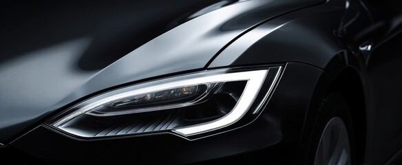 The Car Headlight of a Sleek Black Luxury Automobile in Studio Lighting