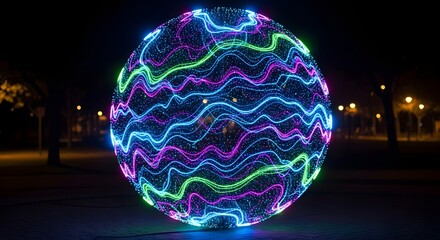 Glowing sphere with colorful wavy lines and dots on a dark background in an outdoor environment at night