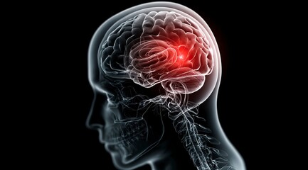 3D rendering of a human head with a brain, a red glowing pain icon on the left side, in a transparent style, isolated on a black background.
