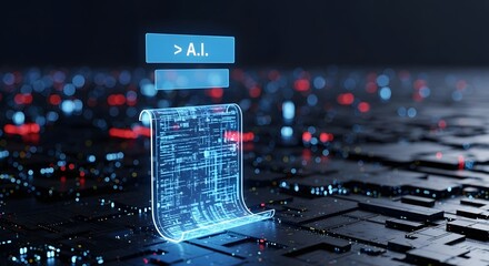 Holographic ai document floating above a dark circuit board with red and blue light bokeh effect