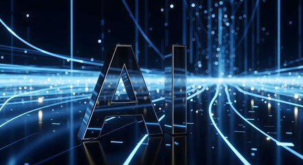 Illuminated ai letters with blue light streaks and dots on a reflective surface in a dark setting