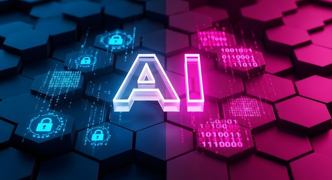 Illuminated ai text on hexagonal pattern background with security icons and binary code effect