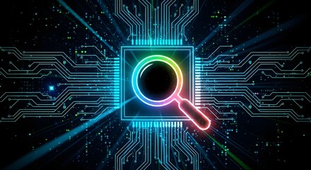 Illuminated magnifying glass over a square chip with circuit board lines on a dark background space