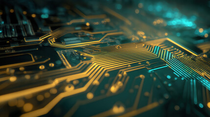 Premium close-up circuit board gold traces on emerald green substrate with soft blue LED accent and shallow depth of field