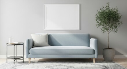 Serene Living Room: Light Blue Sofa, Blank Frame, Olive Tree, and Modern Decor