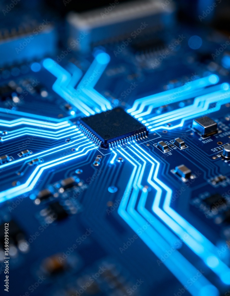 Poster glowing circuit board with central microchip