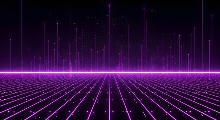 Purple neon grid with vertical lines and particles against a dark background in perspective view