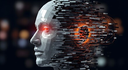 Side view of a digital human head with glowing red eye and disintegrating into blocks and lines