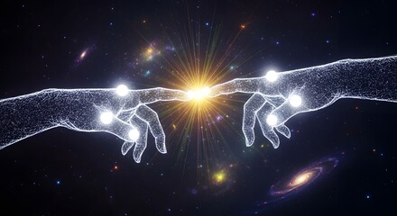 Two digital hands reaching out to touch against a backdrop of stars and distant galaxies shining bright