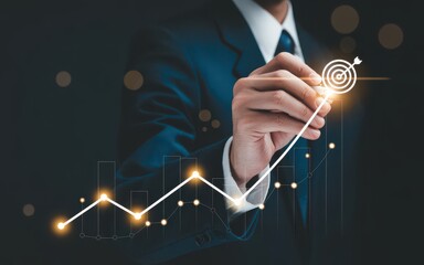 Businessman sets a business goal and works towards success with a growing graph and a target icon