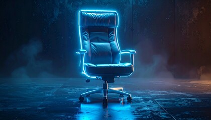 Mystical ergonomic office chair floating slightly above the floor, with luminous edges and polished textures glowing in soft detail.