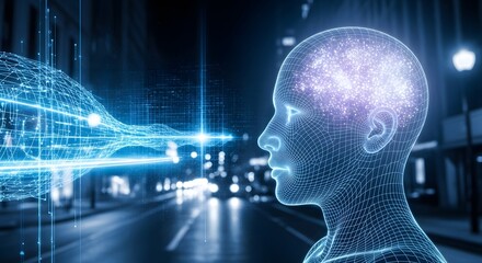 Wireframe head profile view with glowing brain and data stream against a blurred city background