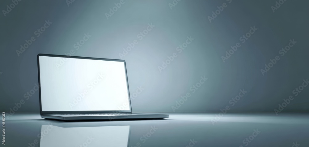 Poster the laptop on a reflective surface in a minimal studio setting with blank screen