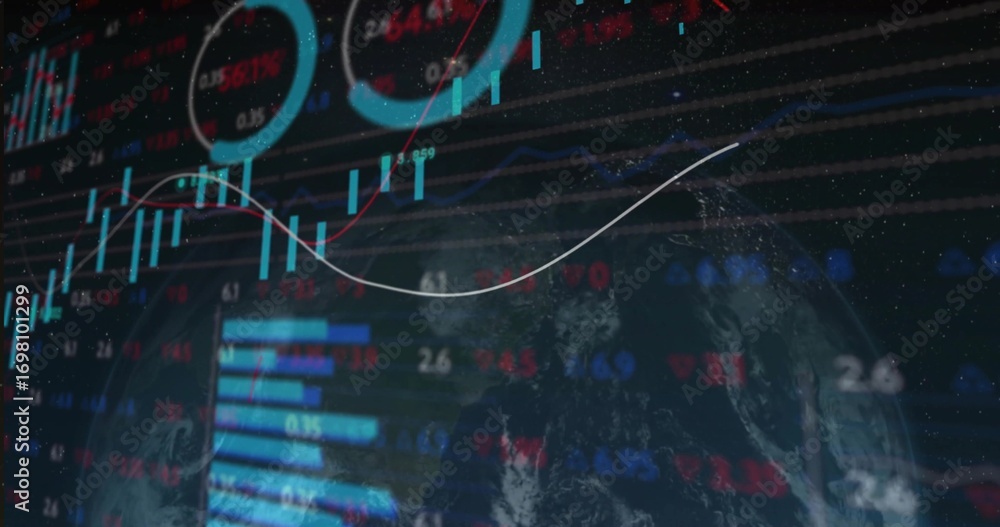 Poster displaying earth globe overlaying trading dashboard with candlestick bars line chart and gauges