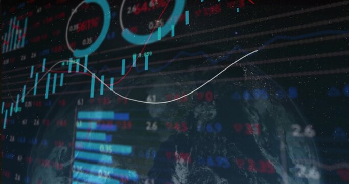 Naklejki Displaying Earth globe overlaying trading dashboard with candlestick bars line chart and gauges