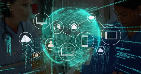 Displaying holographic globe interface floating in medical lab, with stethoscopes, icons and code