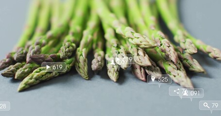 Showcasing green asparagus spears resting on studio countertop, featuring social media icons