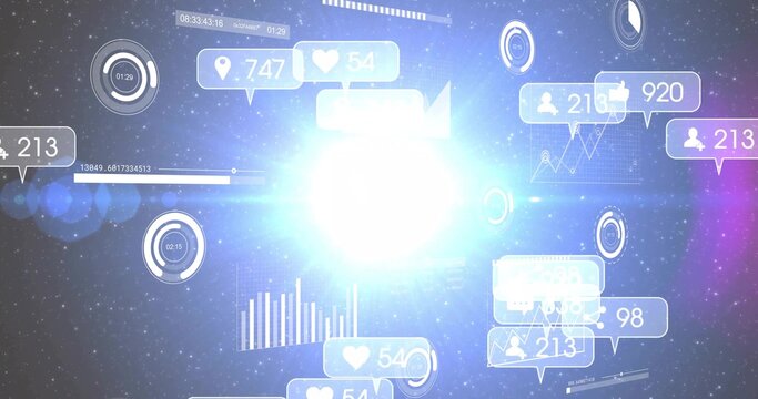 Emitting central glow in digital UI, with like counters, followers, location-pin and analytics