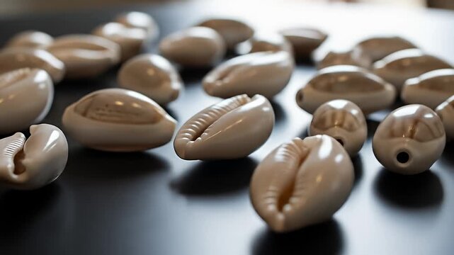 A scattering of shiny, smooth cowrie shells laid on a dark reflective surface
