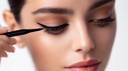 
A beautiful woman is applying black eyeliner to her eye, with an elegant look and perfect skin. 