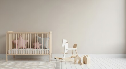 Serene Nursery Scene: Wooden Crib, Rocking Horse, and Pastel Accents