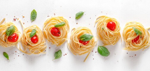 The Spaghetti Nests with Cherry Tomatoes and Fresh Basil on White Background