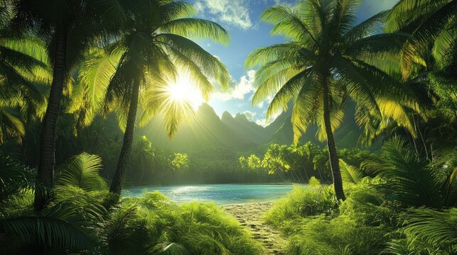 Serene beach cove nestled amongst lush palms, sunlit mountains in background - Powered by Adobe