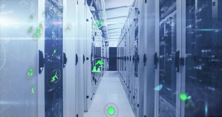 Showing server racks lining narrow data center corridor, projecting holographic green energy icons