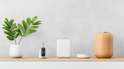 Minimalist home decor featuring wooden objects, a plant, and a small electronic device on a shelf