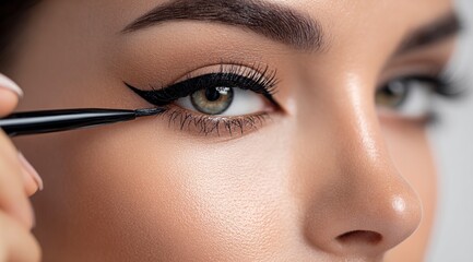 
A beautiful woman is applying black eyeliner to her eye, with an elegant look and perfect skin. 