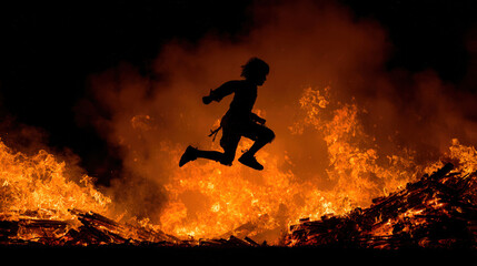 Silhouette of a young jumper leaping over a roaring bonfire, sparks and smoke against the night sky, glowing embers below, concept of courage and ritual festival