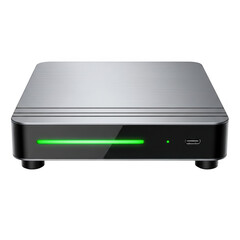 Obraz premium Modern silver entertainment device with bright green power status display isolated on transparent