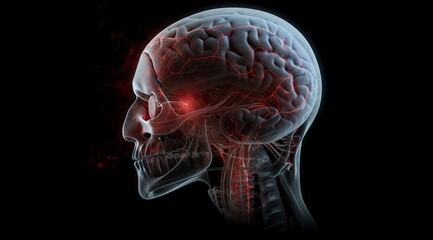 Illustration of the human head with the brain highlighted in red, showing a menacing and painful expression due to a corrosive analysis, isolated on a dark background.