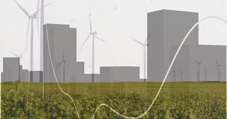 Showing yellow flowering field covering farmland with grey skyline, wind turbines and graph overlay