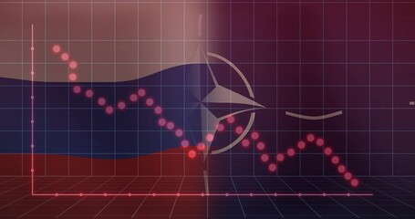 Naklejka premium Showing NATO compass star emblem over 3D grid, with declining red-pink trend line flag stripes