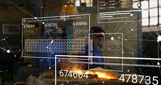 Technician wearing coveralls hard hat stirring molten metal at foundry with AR panels, copy space - Powered by Adobe