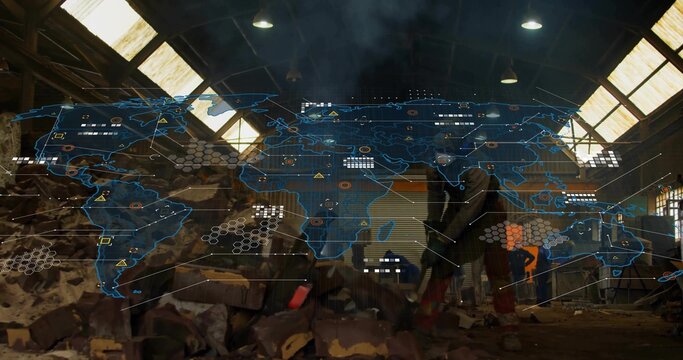 Construction workers wearing vests examining holographic map in warehouse, with stone blocks