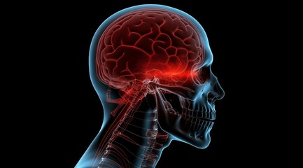 Illustration of the human head with the brain highlighted in red, showing a menacing and painful expression due to a corrosive analysis, isolated on a dark background.