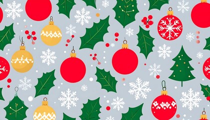 A festive Christmas pattern features round ornaments, holly leaves, snowflakes, and small Christmas trees, all in vibrant colors against a soft gray background.