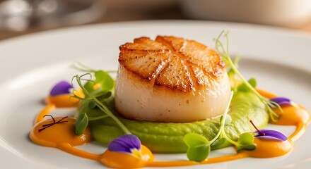 Artfully plated seared scallop with vibrant vegetable puree presentation