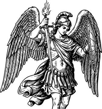 Vintage Black and White Engraving of Archangel Michael Holding Sword &ndash; Religious Christian Angel Illustration